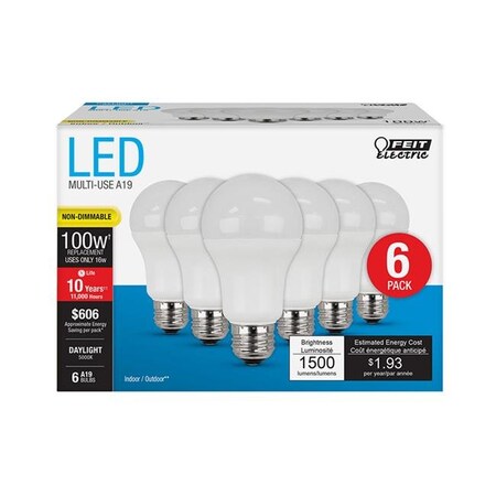 Feit Electric Feit Electric 3929445 100 watt Equivalence 16 watt 1500 Lumen A19 A-Line LED Bulb; Daylight - Pack of 6 3929445